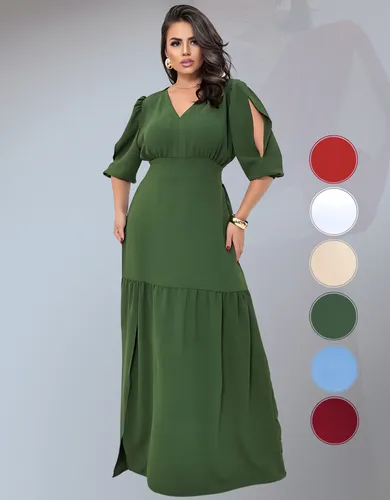 Vestido Longo Fenda Modesto Plus Size Acinturado Forro Luxo