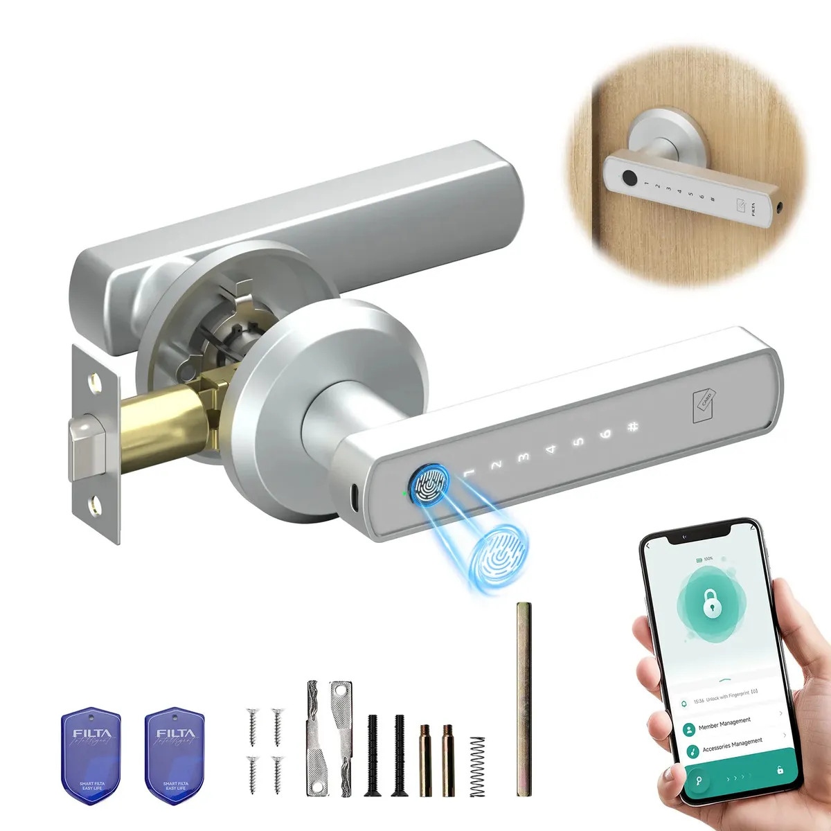 Cerradura inteligente con huella digital, contraseña, tarjeta IC, llave y Bluetooth, compatible con App Tuya,Placado