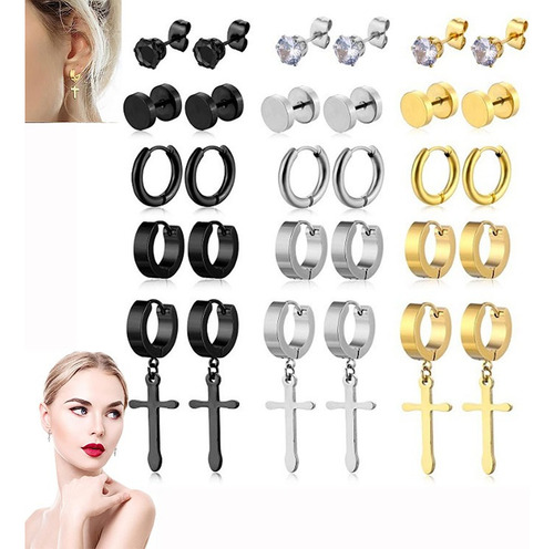 Juego de 15 pares de pendientes unisex de acero inoxidable, color negro