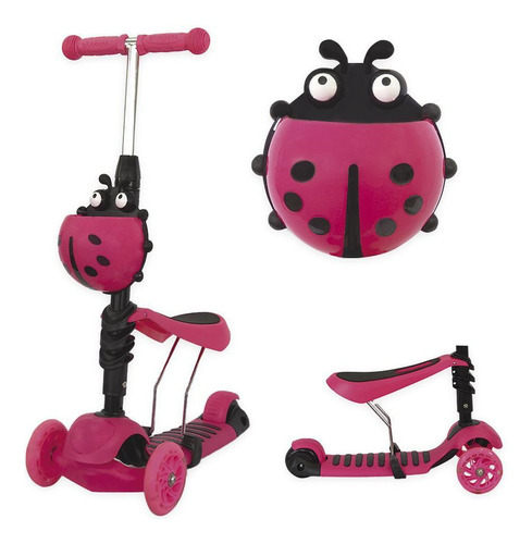 Patinete Infantil 3 Rodas Led Dobrável Joaninha Banquinho