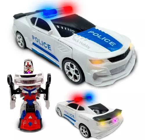 carro policia transformers vira robo 3 d com sons luzes led e