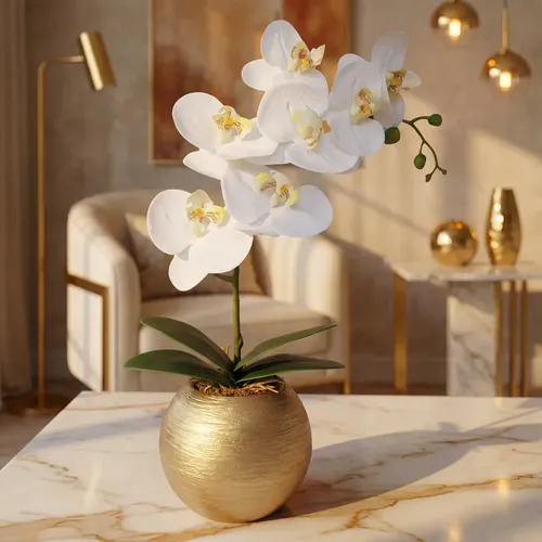 Arranjo Orquídea Toque Aparência Real Silicone Vaso Redondo Vaso Dourado