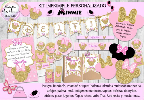 Kit Imprimible Candy Bar Minnie Rosa Y Dorado Personalizado