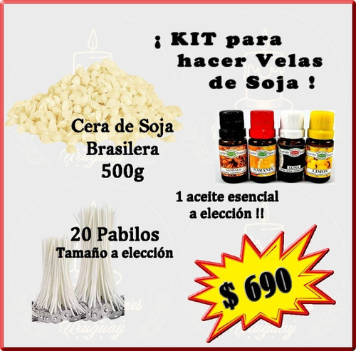 Kit P/hacer Velas Cera De Soja + 20 Pabilos + 1 Aceite Puro