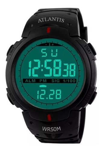 Relógio de pulso Atlantis G7330 com corpo preto,  digital, para sem gênero, fundo  preto, com correia de borracha cor preto, subdials de cor preto, ponteiro de minutos/segundos preto, bisel cor preto, luz verde