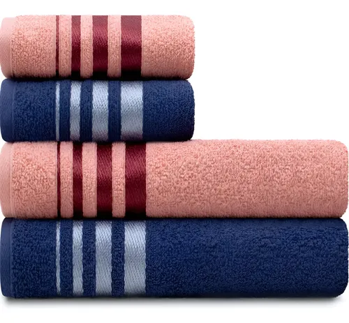 Conjunto de quatro toalhas Karsten dobradas em degradê de cores rosa e azul marinho com listras decorativas.