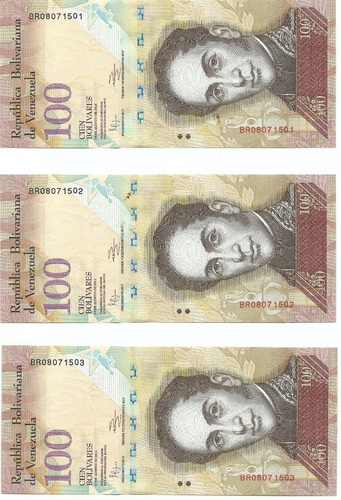 3 Billetes Consecutivos  Bsf. 100  - Br8 Agosto  19 2014   