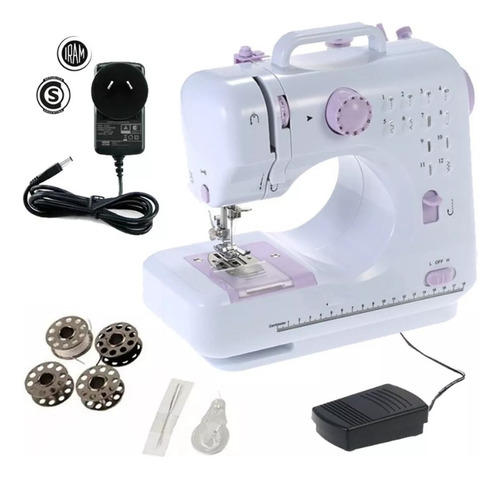 Maquina De Coser Portátil 12 Puntadas C/ Pedal Blanca Y Lila
