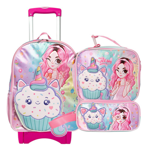 Kit Mochila Mis Pastelitos Lonchera Lap Original Primaria Rosa Rosa