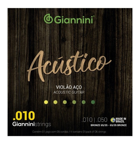 Encordoamento Giannini Violão Aço 010 65/35 Acustico Full