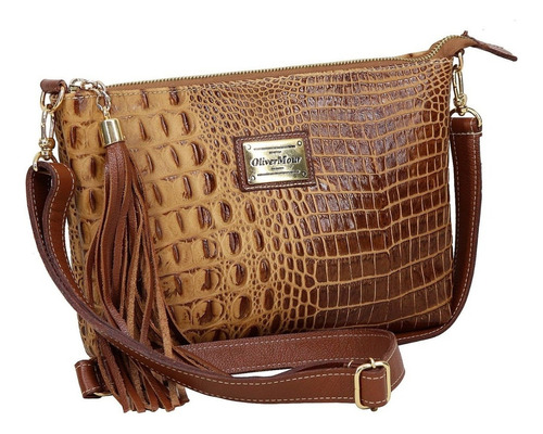 Bolsa transversal Oliver Mour 1019 design croco de couro de crocodilo  candy com alça de ombro marrom e ferragens metal