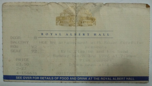 Eric Clapton - Ticket Concierto Royal Albert Hall, 3/3/96 Uk (Usado)