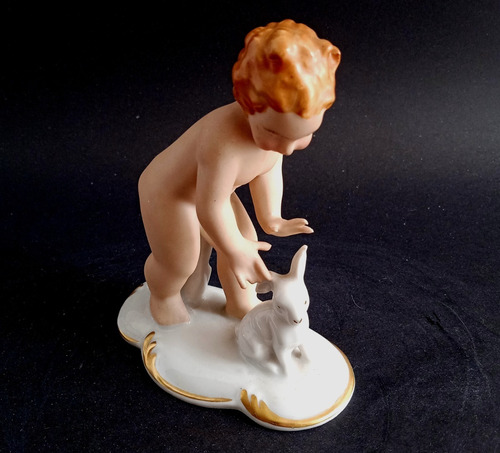 Figura Porcelana Alemana Gerold Porzellan Niño Con Conejo