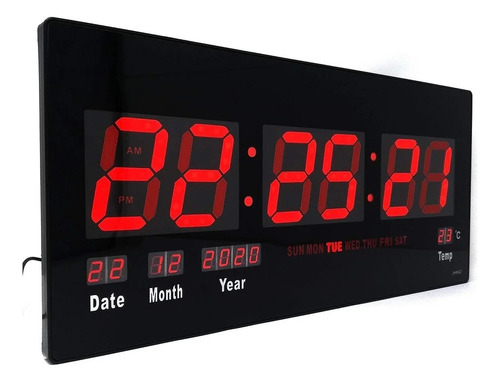 Reloj Led Digital Calendario De Pared Grande 46 X 22 Cm New Estructura Negro Fondo Negro