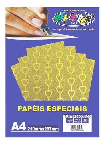 Papel Glitter Decorado A4 150g/m² 10 Folhas Off Paper Cor Ouro Coração