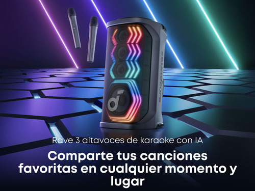 Bocina Bluetooth Soundcore Rave 3S 160 w Con Karaoke 2 Micrófonos Eliminación de Voz Ai Reverb Luces Led y 12h Batería Portátil Para Casa O Jardín Color Negro