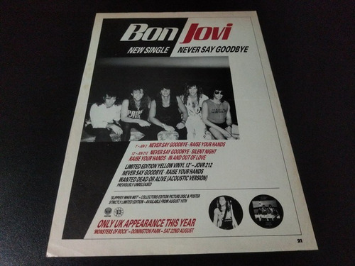 (bj004) Publicidad Bon Jovi Never Say Goodbye Uk * 1986