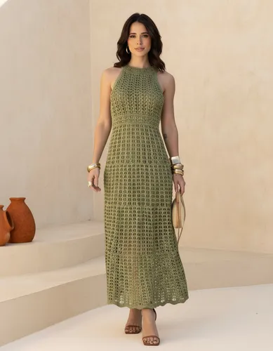 Vestido Lt Tricot Midi Feminino Sem Manga Elegante