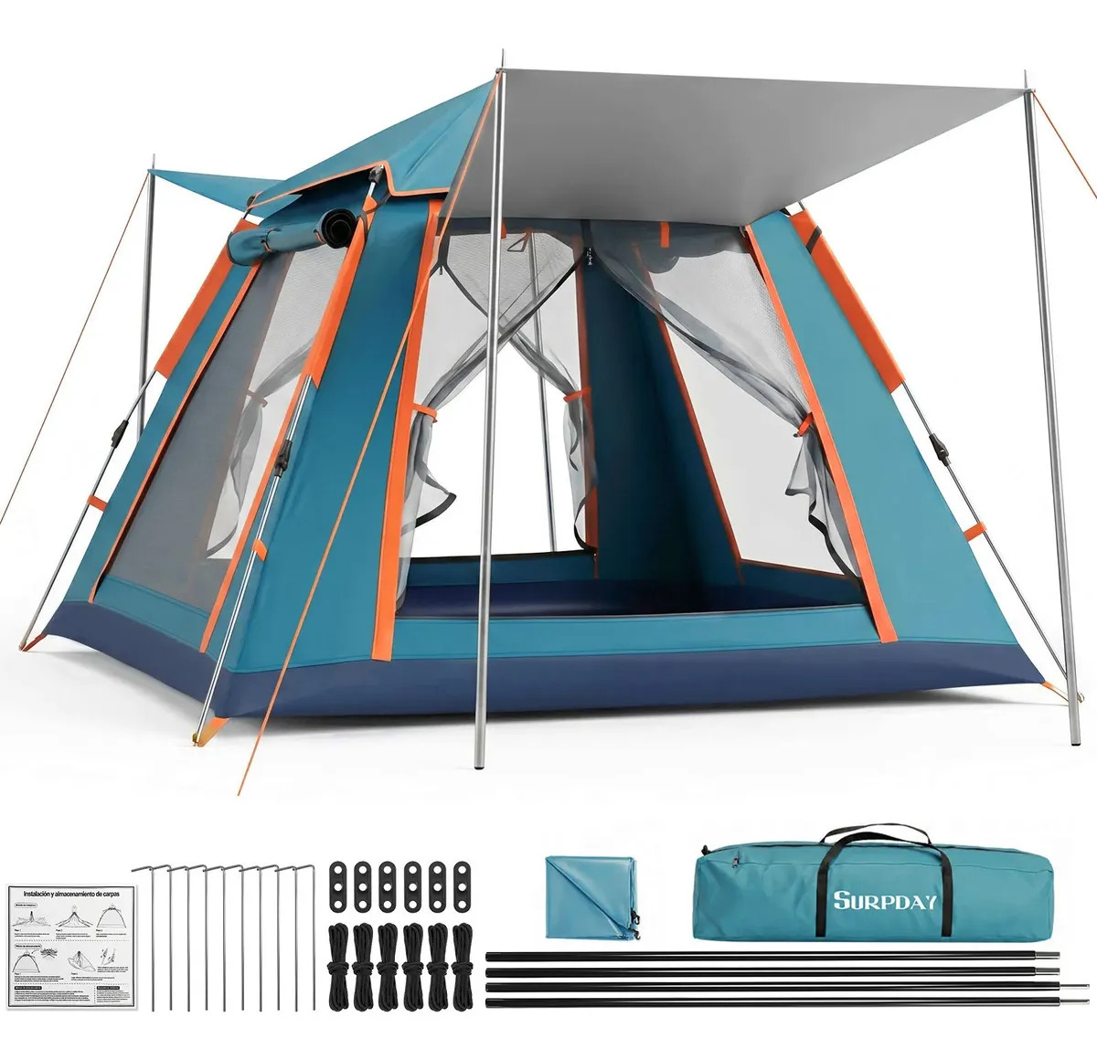Tienda Casa Campaña Grandes Para Acampar 4-6 Persona215x215cm Grande Automática Portatil Fácil Instalar Color: Verde Surpday