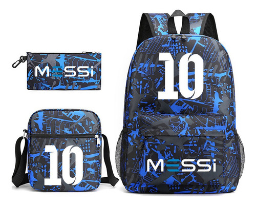 Lionel Messi 10 Mochila Set De 3 Unisex, Bolsa Para Lápices Y Lonchera, Oxford Color Azul/negro Diseño De La Tela Liso