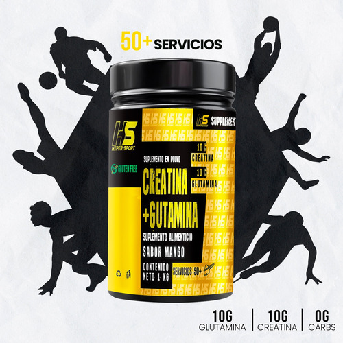 Creatina + Glutamina Hiper Sport 1 Kg 50 Servicios Mango