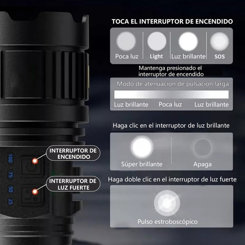 Ratorch Linterna Táctica Recargable Zoom 12000lm Con Batería Litio