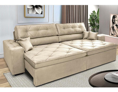 Sofá Retrátil e Reclinável 3,12m com Molas Cama inBox Estilo Suede Velusoft Bege