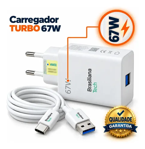 Carregador Turbo 67W Tipo C com Cabo 1m Fonte de Parede Carregamento Rápido Adaptador Tomada Compatível com Xiaomi Redmi Note 7 8 9 10 11 12 Pro Poco X3 Pro M3 Mi 8 9 10 A2 A3 Brasiliana Tech