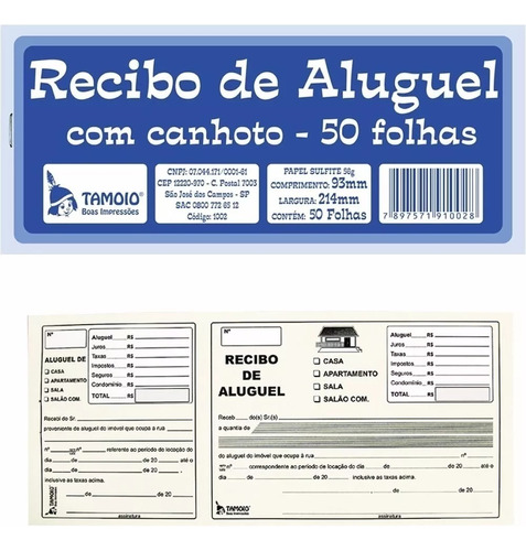 Bloco De Recibo De Aluguel Com Canhoto 50 Folhas Tamoio