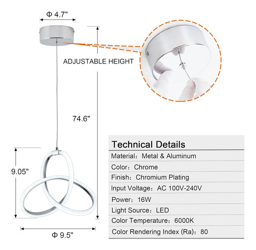 ''lámpara Colgante Led 16w, Altura Ajustable, Moderna Para C