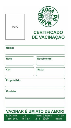 Carteira De Vacinação Pet Colorida Pack Com 100 Unidades