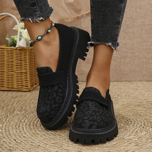 Mocasines De Cuero Negro Para Mujer, Tacón Grueso, Modernos