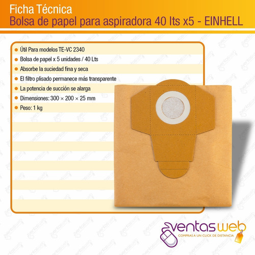 Imagen 5 de 6 de Pack 5 Bolsas De Papel 40 Lts Para Aspiradora Einhell