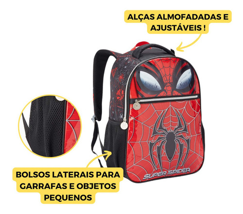 Mochila Homem Aranha Lancheira Garrafa Estojo Escolar Cor Vermelho Desenho do tecido Spider