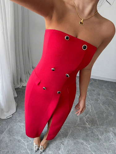 Vestido De Traje Sin Tirantes Elegante Con Abertura Frontal