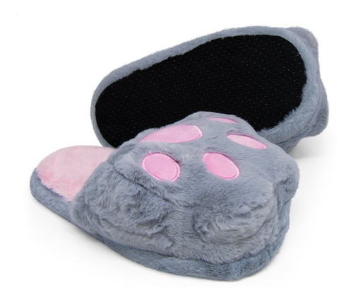 Imagem 1 de 7 de Pantufa Chinelo Pelúcia 3d Pata Gato - Solado Antiderrapante