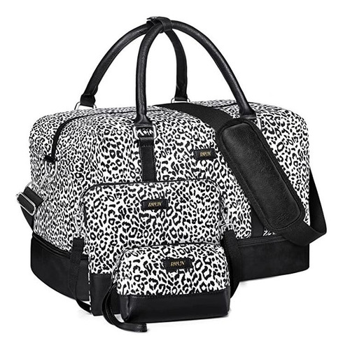 Kit Bolso De Viaje+ Cartera + Neceser Leopardo Negro Blanco