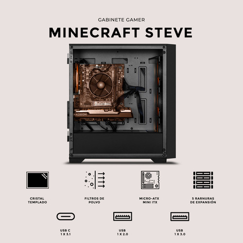 Gabinete Gamer Xtreme Pc Gaming Minecraft Steve Edition Micro Torre Micro Atx 4 Fan Argb Usb-c Cristal Templado Frente Intercambiable