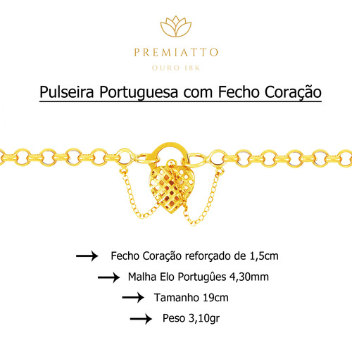 Pulseira Feminina Portuguesa Com Fecho Coração Ouro 18k 750
