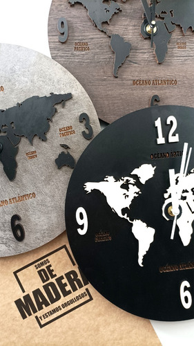 Reloj De Pared De Madera Analógico Diseño Mapa Mundi 60x60