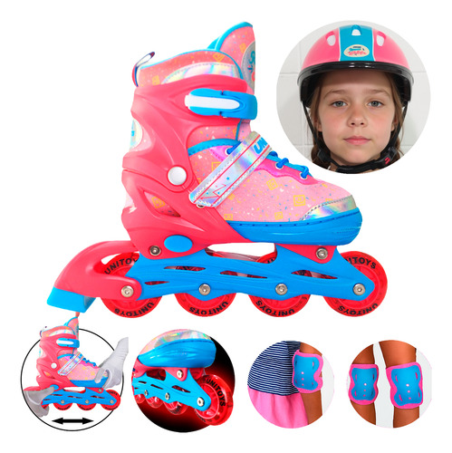 Patins Inline Infantil Com Kit Proteção Completo Com Led