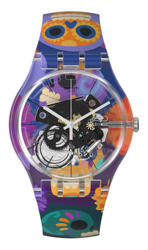 Reloj Swatch Sxy - All Bones And Flowers Subk159b Color de la correa Púrpura Color del bisel Transparente Color del fondo Transparente