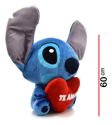 Peluche Gigante Stitch 60cm + Corazón Te Amo + Bombones Amor Azul