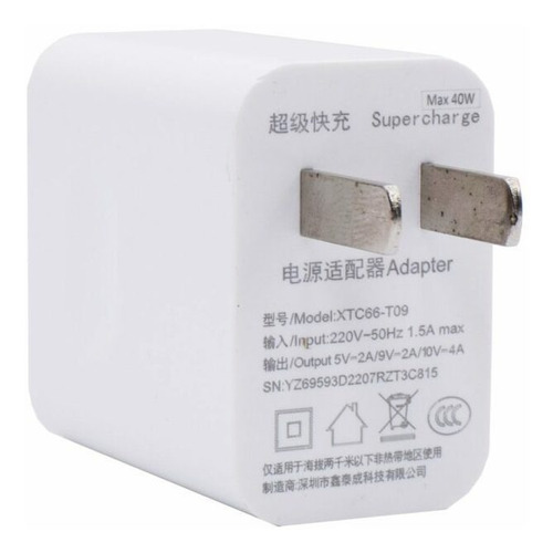 Cargador De 40w Plug Us + Cable Tipo C Color Blanco