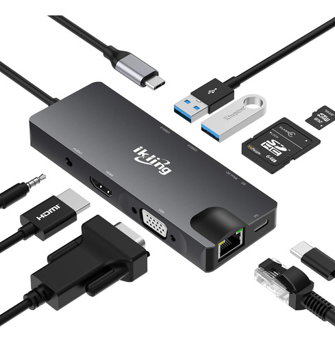 Hub Usb C, Adaptador Usb C 9 En 1 Con Usb C 4k A Hdmi, Vga,