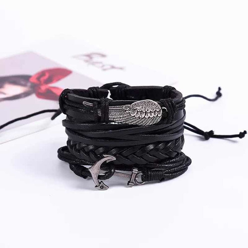 Conjunto Pulsera Brazalete Hombre Ancla Alas Cuero 4 En 1