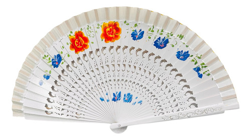 Abanico Madera Laqueada Reforzado Pintado De Ambos Lados Blanco Flor