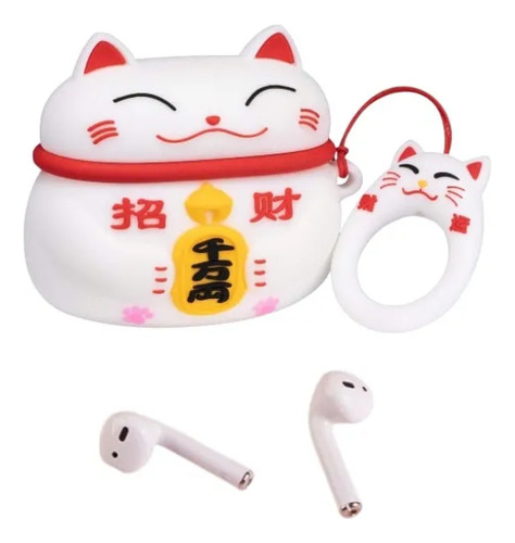 Funda Estuche Kawaii Para Airpods Pro2 Con Gancho Gato Suerte Blanco
