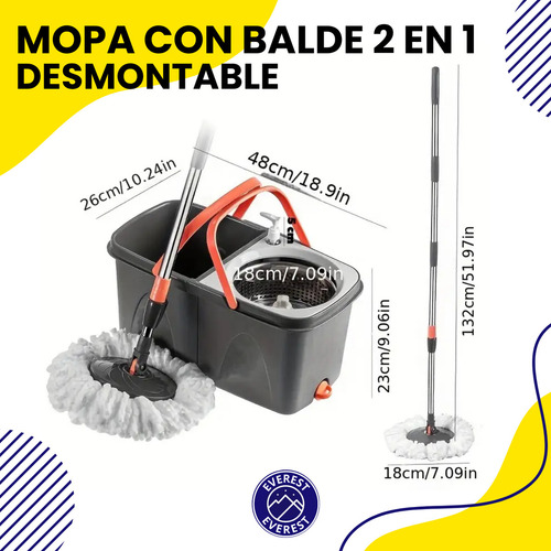 Mopa con Escurridor y Balde 2en1 Desmontable, Fregona Giratoria 360° con Cubeta, Everest, Limpieza Eficiente para Pisos, Cabezal Reemplazable, Almacena en el Hogar u Oficina Alta Calidad
