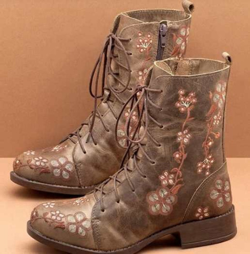 Bota Vaquera Mujer De Flores Rosas De Cuero De Estilo Étnico